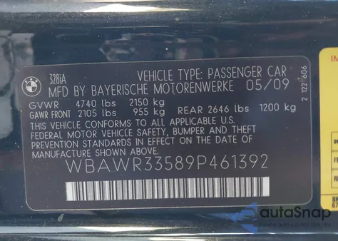 2009 BMW 328I from USA, damaged, VIN WBAWR33589P461392